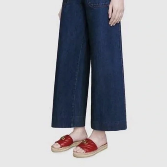 Gucci: GG Marmont Sandals Pilar Leather Espadrille Double Logo Sliders - Picture 12 of 15